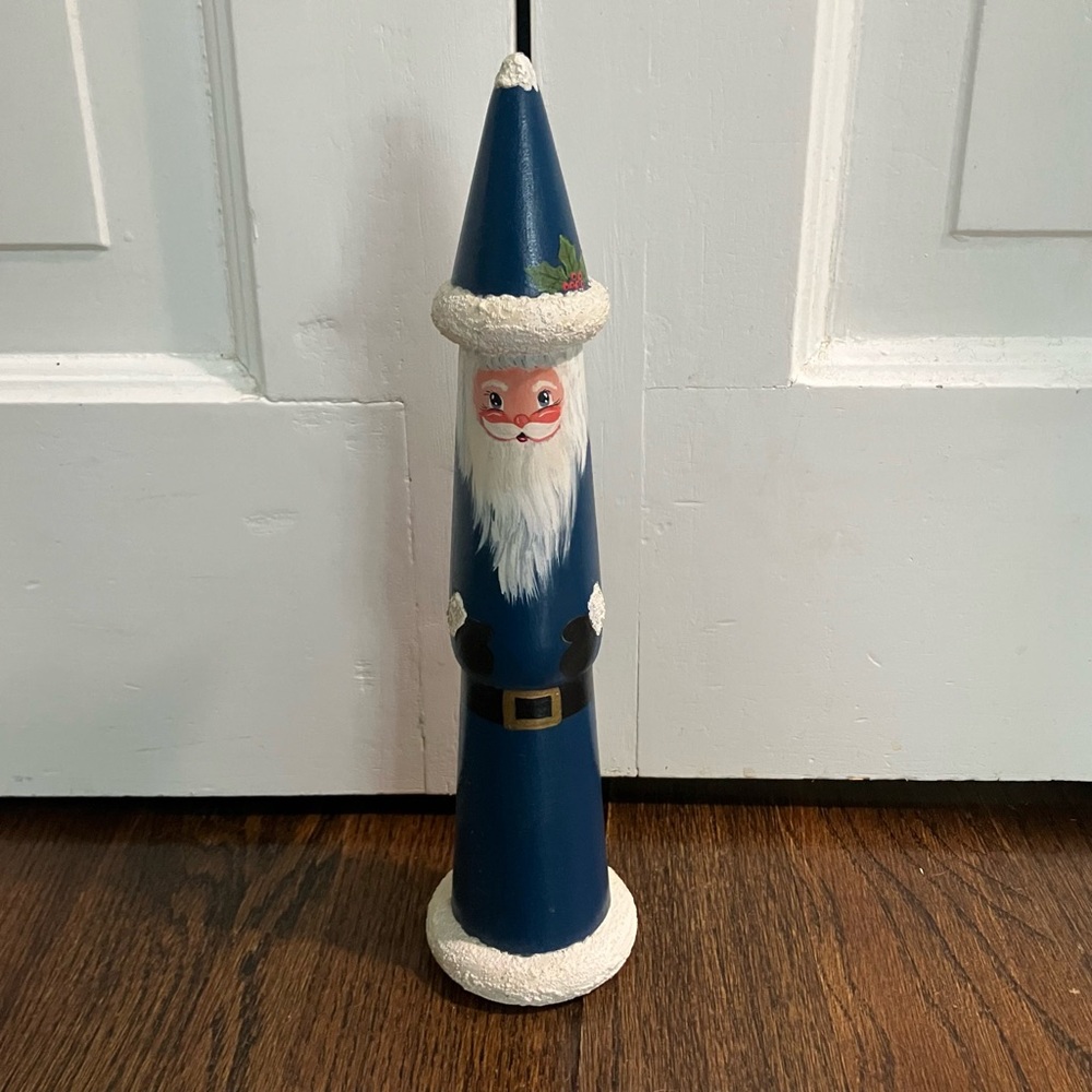 Vintage Hand Made Wood Folk Art Santa Clause Blue 11”